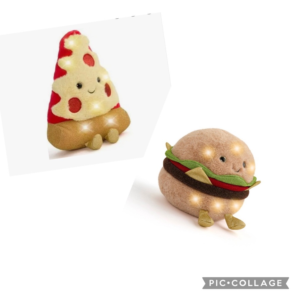 SET OF 2 FAO SCHWARZ 11” Glow Brights Plush w/LED & Sound -Burger & Pizza Slice